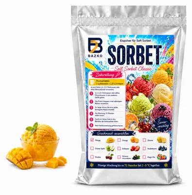 Produktbild von Bazko Mango Eispulver für Eismaschine | 1 kg für ca. 3,5 kg Sorbet, KI-generiertes Bild