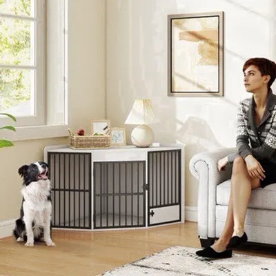 Obrázek produktu pro Psí klec z dřeva – bílá – 113x80x64 cm – pro malé a střední psy – přepravka pro zvířata – s otvorem pro krmení