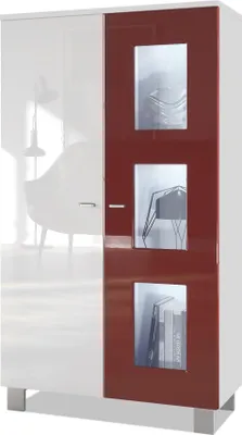 Produktbild von Vladon Vitrine Denjo,  Germany, Standvitrine mit 2 Türen und 3 Glaseinsätzen, Weiß matt/ Weiß Hochglanz und Bordeaux Hochglanz inkl. LED-Beleuchtung (71 x 129 x 35 cm)