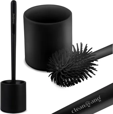 A black toilet brush and holder set displayed against a white background.