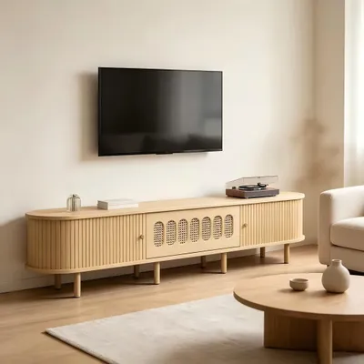 Produktbild von okwish Ovaler TV-Schrank mit 2 Rollladentür, Rattan-Design, TV-Lowboard  mit Viel Stauraum, Fernsehbank Für Wohnzimmer,Natur
