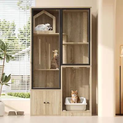 Zdjęcie produktu dla Wielopoziomowy domek dla kota z drzwiami ze szkła, meble dla kota o wymiarach 90 x 50 x 160 cm, wygląd naturalnego drewna, słupki do drapania