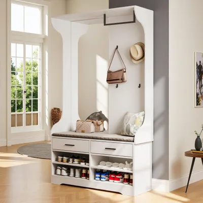 Zdjęcie produktu dla UnboxG Biały wielofunkcyjny wieszak na ubrania z lustrem - 104×35×180 cm, haczyki na ubrania i drążek na ubrania, oszczędność miejsca i stabilność