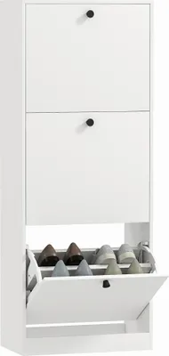 A white shoe cabinet with three flip-down compartments, two of which are closed and one is open, revealing shoes inside.