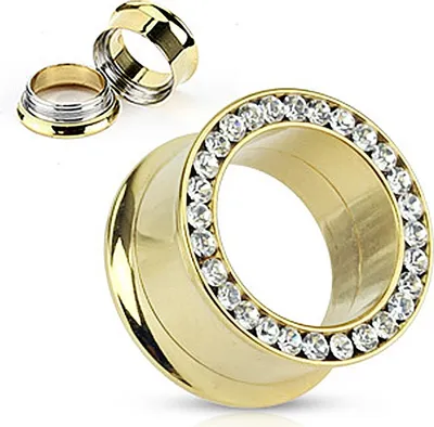 Produktbild von Flesh Tunnel Edelstahl Ohr Piercing Kristall Zirkonia Double Flared Schraub Hollow Ohrstecker gold 8 mm