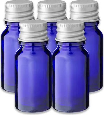 Produktbild von 5x Blaue Glasflasche 10 ml mit silbernem Aluminium Schraubverschluss