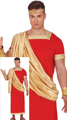 Productafbeelding van Romeins keizerskostuum: toga, tuniek, rood, goud. Carnaval kostuum, antieke elegantie. Maat: 52 - 54 (L). Kleur: rood