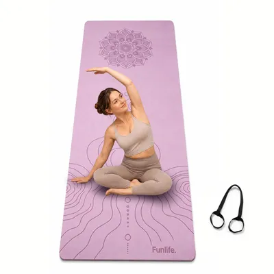 Zdjęcie produktu dla Mata do jogi FUNLIFE, 183 × 61 cm, 8 mm, wykonana z materiału TPE, antypoślizgowa, idealna do ćwiczeń fitness, gimnastyki i sportu, z paskiem do przenoszenia, przeznaczona do jogi, pilatesu i treningów w domu, kolor: lawenda