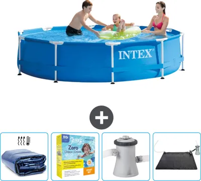 Produktbild von Intex-Schwimmbecken mit rundem Rahmen – 305 x 76 cm – Blau – im Lieferumfang enthalten Sonnensegel - Wartungspaket - Filterpumpe für Schwimmbad - Solarmatte