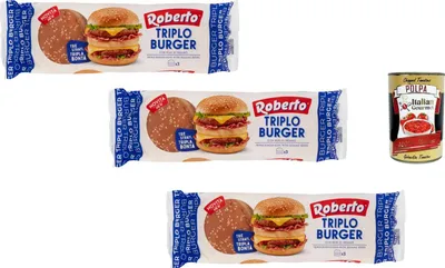 Produktbild von Italian Gourmet Burger Brötchen Triplo 3 x 240 g Sesam Burger Buns dreischichtig weich für Hamburger Sandwich Grill Party Vorratspack + Italian Gourmet Polpa