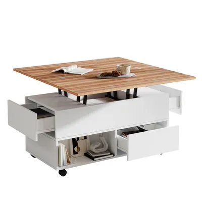 Produktbild von Couchtisch mit 4 Rollen,multifunktionaler Esstisch mit 4 Schubladen, anhebbarer Kaffeetish, höhenverstellbar Sofatisch,Beistelltisch mit Stauraum