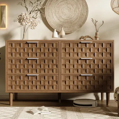 Produktbild von Merax Sideboard Kommode mit 6 Schubladen und Metallgriffe, Schokoladenwaffel Design, Mid Century Aufbewahrungsschrank Wohnzimmer Flur, Eiche Optik