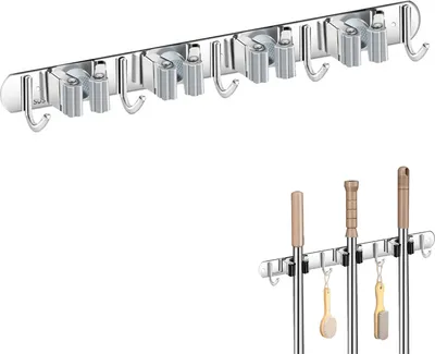Image de Support pour balai à franges ZELURXX, 4 pinces pour balai à franges et 5 crochets, rangement mural sans perçage, utilisable dans le jardin, le garage, l'entrepôt, la maison, support pour balai, 43 x 2,9 cm