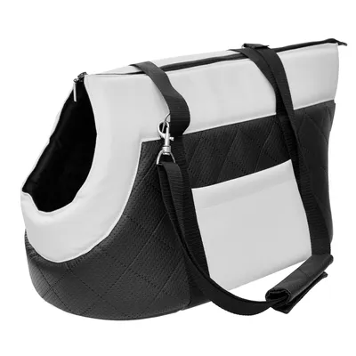 Immagine prodotto di Borsa da trasporto per cani e gatti | Borsa a tracolla per animali domestici con cinghia elastica con moschettone | fino a 12 kg | Similcuoio | L | Nero e bianco