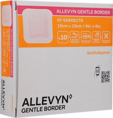 A box of ALLEVYN Gentle Border wound dressings.