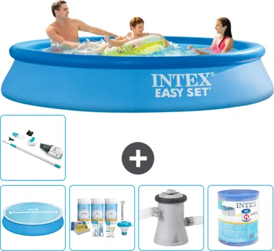 Immagine prodotto di Piscina gonfiabile rotonda Easy Set Intex - 305 x 61 cm - blu - include tenda da sole - pacchetto manutenzione - pompa filtro per piscina - filtro - aspirapolvere
