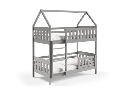 Produktbild von Masseno Etagenbett ELENA 80x160 cm mit Rausfallschutz, Kinderbett mit Leiter für Mädchen und Jungs, Stockbett 2 Kinder, Hausbett für Kinder, Holz, Hellgrau