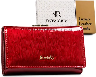 A red patent leather wallet is displayed in front of its packaging box.