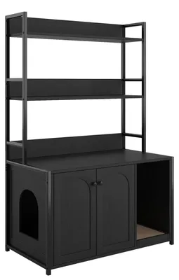 Image de Meuble pour bac à litière - Habillage pour bac à litière - Deux étagères - Porte coulissante - Bois - Maison pour chat et étagère intégrées - Noir