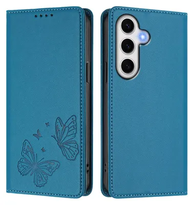 Produktbild von Lederhülle für Samsung Galaxy S24 FE, Schmetterling Prägung Leder Brieftasche Schutzhülle mit Ständer Blau