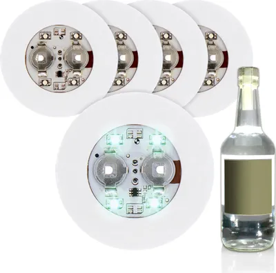 Produktbild von Selbstklebendes Flaschenlicht 5er Set - kalt weiß - Runde Leuchtsticker für Flaschen 6 cm - LED Licht Sticker Glas Flaschen Deko Beleuchtung