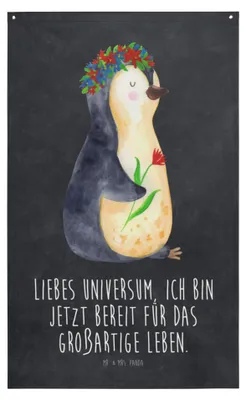Produktbild von Mr. & Mrs. Panda Wandteppich Pinguin Blumen - Kreidetafel - Geschenk, Wandbehang, Lebenslust, Positiv, Wandbild, Motivation, Stoff, Universum, Gobelin, Tapestry