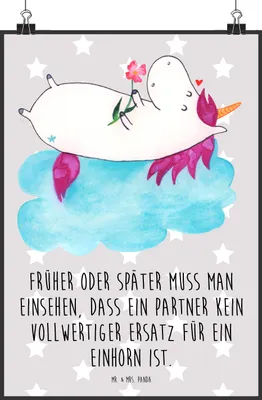 Produktbild von Mr. & Mrs. Panda Bild Einhorn Verliebt DIN A2 - Grau Pastell - Geschenk, Einhörner, Unicorn, Posterdruck, Freundin, Liebe, drucke, Wandbild, Deko, kunstdruck poster