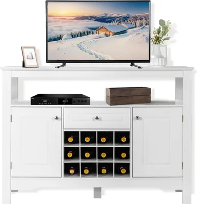 Produktbild von KOMFOTTEU Sideboard Küchenschrank mit Weinflaschen, Buffetschrank Weinschrank Holz, Beistellschrank Küche Kommode 117×40,5×85,5cm für Wohnzimmer Küche Esszimmer (Weiß)