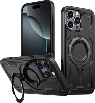 Produktbild von Dual Layer Hülle für iPhone 16 Pro Max Metall Ring Ständer Magnetisch Stoßfest Militär Handyhülle Schwarz