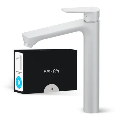 A white faucet and its packaging are displayed against a white background.