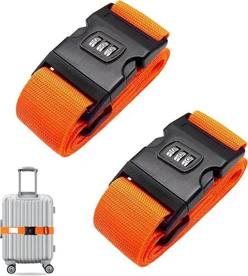 Immagine prodotto di Due cinghie per valigie con lucchetto a combinazione - Regolabili - 180 cm - Maggiore sicurezza - Da viaggio - Arancione