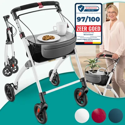 Productafbeelding van ELONEO Woonrolstoel, 54 cm breed, opvouwbaar en lichtgewicht, inclusief dienblad en stoffen mand. Smalle rolstoel voor binnenshuis, inklapbaar, wit