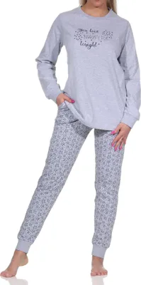 Produktbild von Damen Schlafanzug Pyjama langarm mit Bündchen in Sterne Optik - auch in Übergrößen ; grau-melange , 60/62