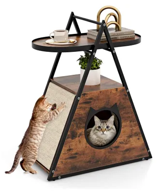 Produktbild von Katzenschrank mit Katzenhaus, Beistelltisch und Nachttisch, Schrank mit Katzenhöhle, 2 Kratzmatten und 2 Regalen, A-Frame, Katzenmöbel für Haustiere, 60 x 63 x 76 cm, Vintagebraun