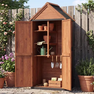 Image de Abri de jardin en bois, résistant aux intempéries, avec 3 étagères intégrées et toit en bitume. Armoire de jardin extérieure avec fermeture magnétique