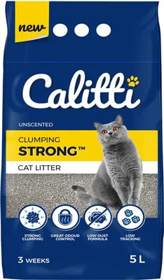 A bag of Calitti cat litter with a cat image.