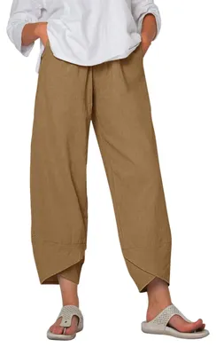 Zdjęcie produktu dla Spodnie letnie - Capri z bawełny, wysoki stan - lekkie - khaki
