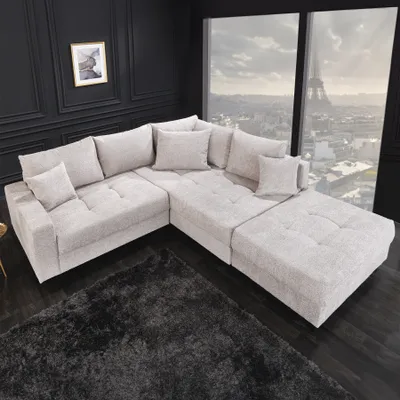 Produktbild von riess-ambiente Modernes Ecksofa KENT 220cm greige Bouclé inkl. Hocker und Kissen Wohnlandschaft Eckcouch Sofa Couch