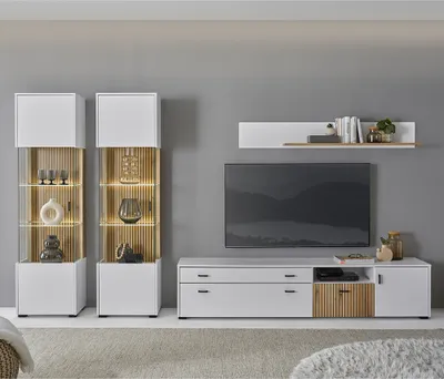 Produktbild von Wohnwand 4-teilig mit Lowboard 200cm weiß matt Eiche gerillt HUNTER-61