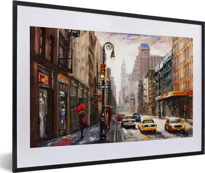 Produktbild von MuchoWow® Gerahmtes Poster Gemälde - Stadt - Auto - Öl 60x40 cm - Poster mit Schwarzem Bilderrahmen Wandposter Rahmen Foto Bilder - Schlafzimmer - Plakat in Rahmen - Drucken