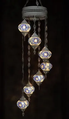 Produktbild von Hanglamp aus blauem Glas mit buntem Mosaik, orientalische Kronleuchterlampe, cremeweiß, 7 Glaskugeln
