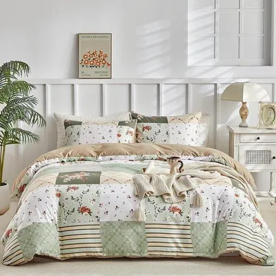Productafbeelding van Unyqoos® Beddengoedset, 240x220 cm, blauw patchwork, omkeerbaar – Microvezel, 1 dekbedovertrek + 2 kussenslopen 50x75 cm