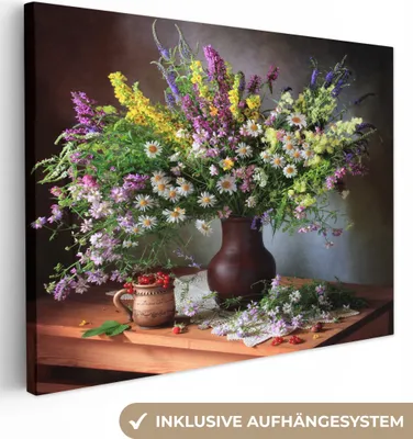 Zdjęcie produktu dla MuchoWow® - Obraz na płótnie - Kwiaty - Stół - Martwa natura - Bukiet - Wazon, obraz na ścianę, dekoracja ścienna do salonu, 40x30cm