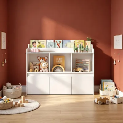 Produktbild von Kinderregal mit Bücherfach & Rollschubladen 30 x 108 x 80 cm, Weiß | 3 offene Fächer, 3 rollbare Schubladen, Aufbewahrungsschrank, für Kinderzimmer
