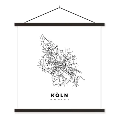 Produktbild von MuchoWow® Textilposter Karte - Köln - Schwarz-Weiß - Stadtplan 120x120 cm mit schwarzem Rahmen - Aufhängungsset