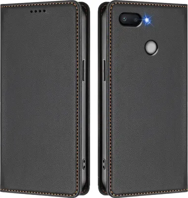 Produktbild von Handyhülle für Xiaomi Redmi 6/Redmi 6A, Kunstleder Klapphülle Stoßfeste Magnetische Hülle mit Ständer Schwarz