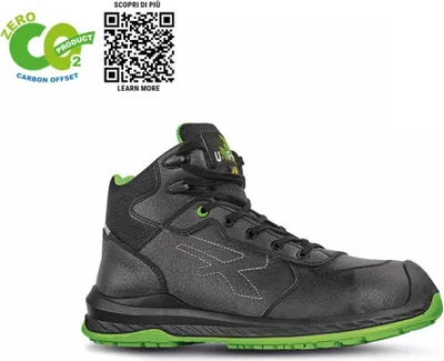 A black high-top safety shoe with green accents, presented on a white background with informational graphics.