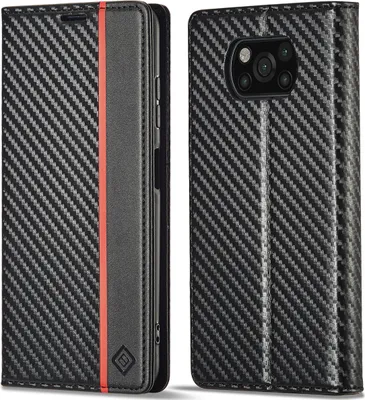 Obrázek produktu pro Pouzdro pro Xiaomi Poco X3 NFC /X3 Pro Karbónové kožené pouzdro s držákem karet, magnetem a stojánku černé Vertikální červené