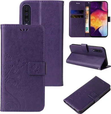 Produktbild von Handyhülle für Samsung Galaxy A50 Floral Blumen Schmetterling Flip Cover Hülle Case Klapphülle Handytasche Farbe: Violett