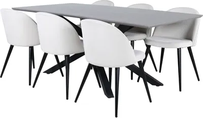 Produktbild von PiazzaGRBL Essgruppe Esstisch grau und 6 Velvet Esszimmerstühle Samt beige, schwarz.
